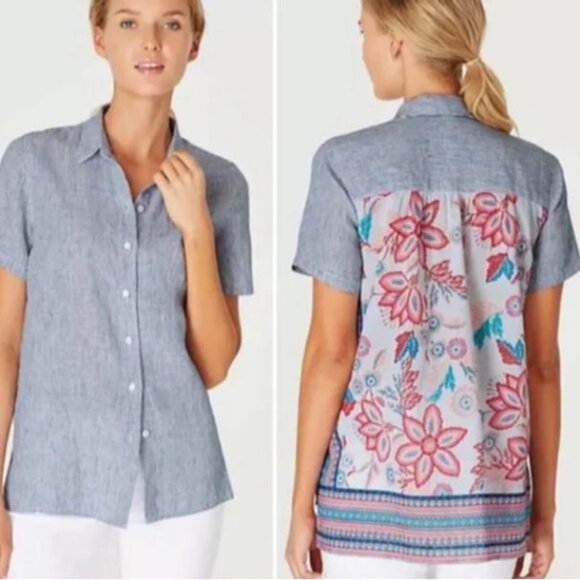 J.Jill Womens Striped Linen Blend Button-Up Short Sleeve Shirt With Floral & Geo - Picture 1 of 16